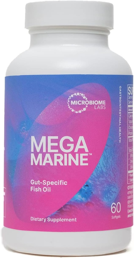 Microbiome Labs MegaMarine Omega 3 Fish Oil Supplements - Gut-Specific EPA DHA Omega 3 Supplement with DPA for Gut Health - Support Immune & Gut Barrier Function (60 Softgels)