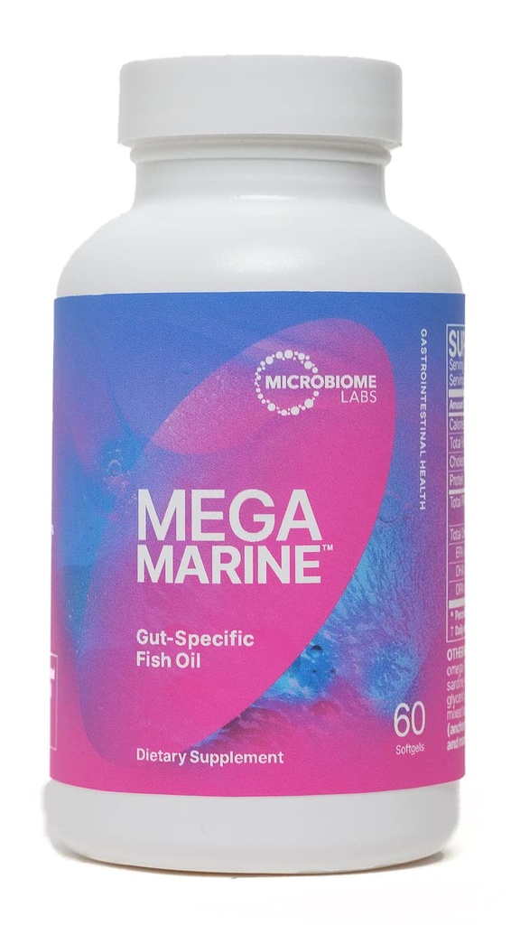 Microbiome Labs MegaMarine Omega 3 Suppléments à l'huile de poisson - Supplément EPA DHA Omega 3 avec DPA pour Gut Health - Support Immune & Gut Barrière Fonction (60 Softgels)