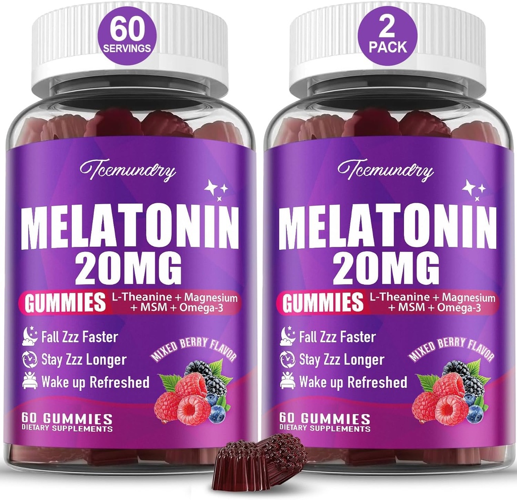 Mélatonine Gommies 20mg pour les adultes - Fort maximum Mélatonine Gommies avec L-Theanine, Magnésium, Omega-3, MSM, D3 & Zinc - Non-Habit Former, Vegan, Non-OGM, Natural Mixed Berry Flavor