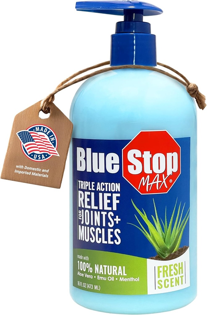 Blue Stop Max Gel de massage pour les douleurs du corps, bouteille de pompe de 16 oz; 3 en 1 produit soulage les douleurs du corps, soutient les articulations et la peau nourissante