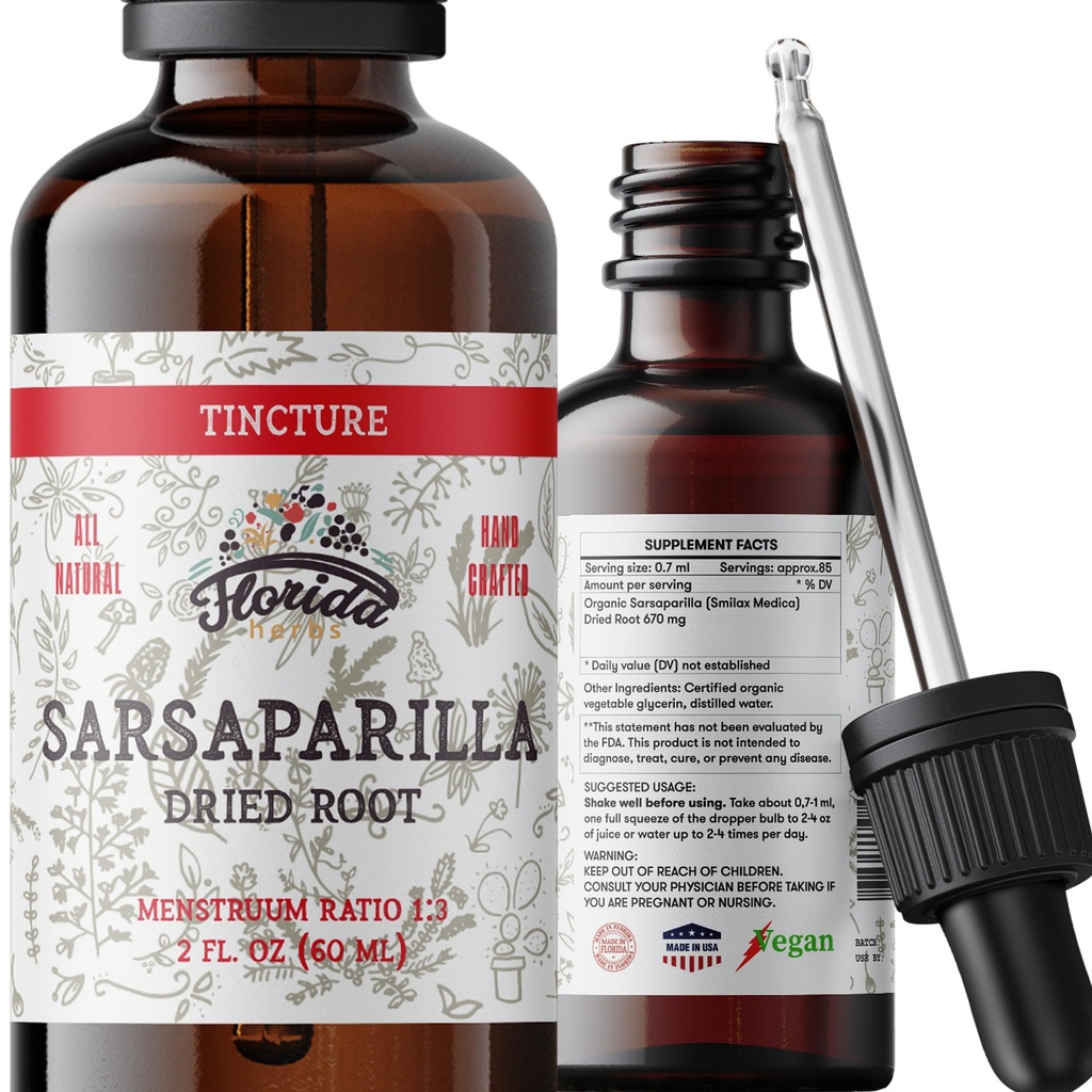 Teinture de Sarsaparilla, extrait de Sarsaparilla biologique (Smilax Medica) Racine séchée, non-OGM dans la glycérine végétale biologique pressée à froid 2 oz, 670 mg