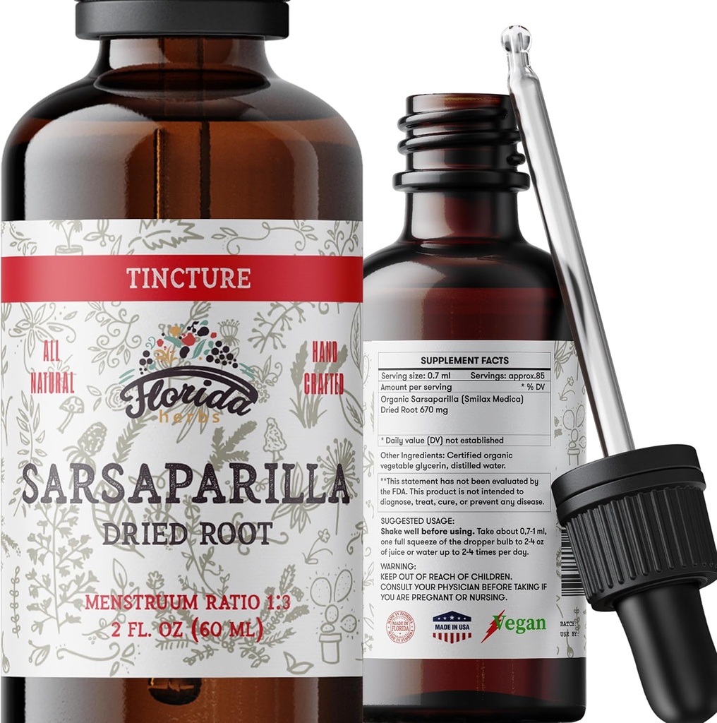 Teinture de Sarsaparilla, extrait de Sarsaparilla biologique (Smilax Medica) Racine séchée, non-OGM dans la glycérine végétale biologique pressée à froid 2 oz, 670 mg