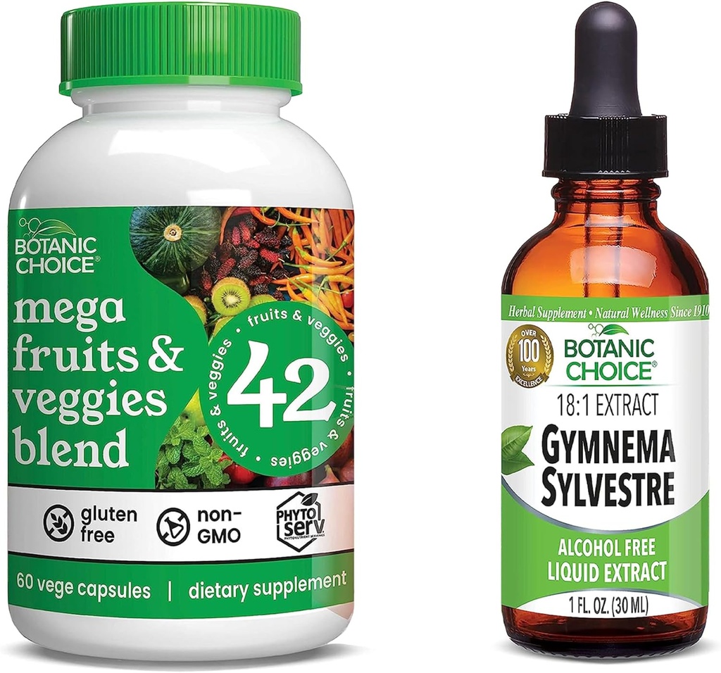 Choix botanique Mélange Mega Fruits et légumes (60 Capsules) + Gymnema Extrait Sylvestre (1 fl oz) Ensemble - Bilan énergétique et supplément super-alimentaire