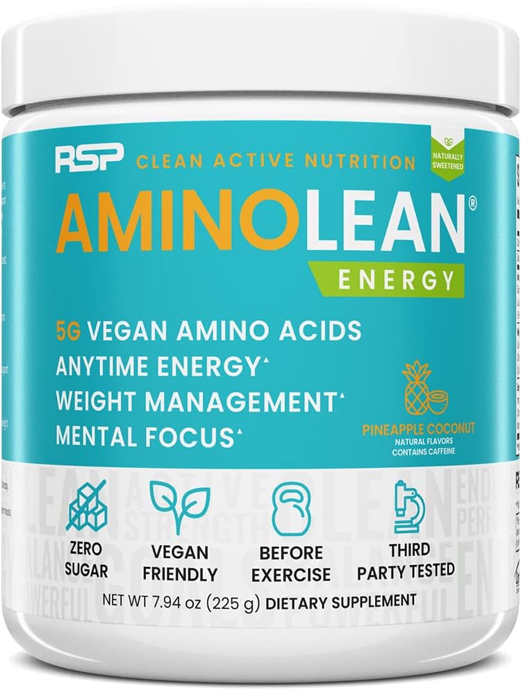 RSP Vegan AminoLean – Pré-entraînement tout-en-un naturel, Amino énergie, gestion du poids avec BCAAs, poudre Vegan Preworkout complète, noix de coco ananas