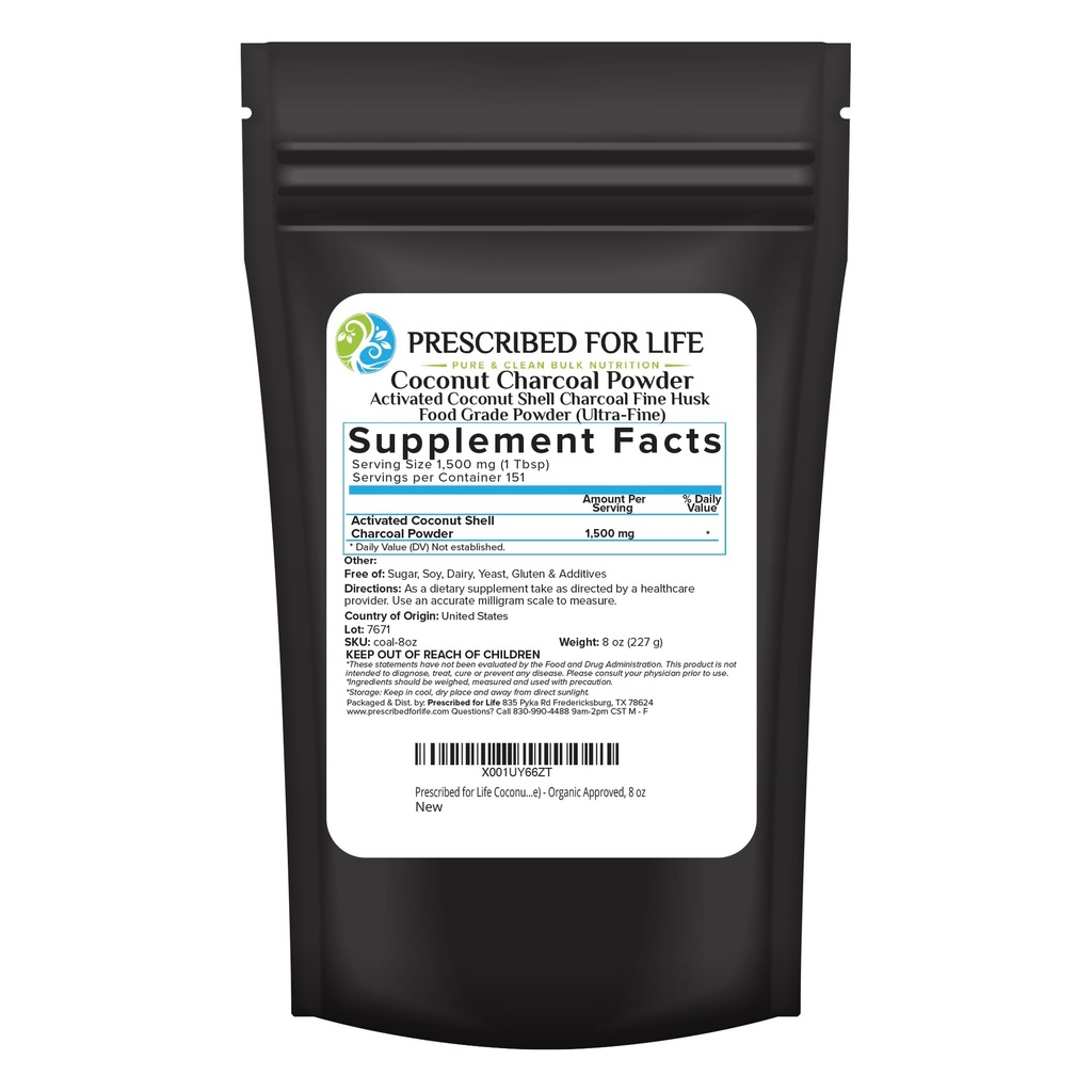 Prescription pour la vie en poudre de charbon activé, de noix de coco en poudre de charbon ultra fine de qualité alimentaire (8 oz)