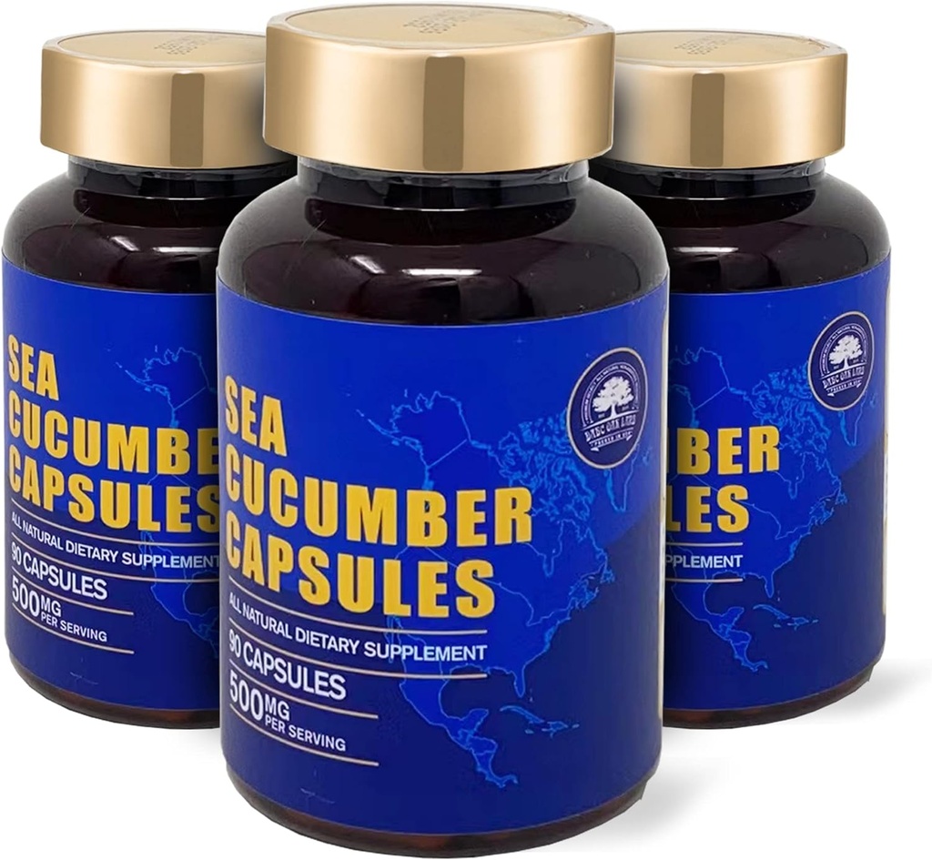 Concombre de mer, Capsules sauvages capturées Concombre de mer, Supplément d'extrait naturel, Super naturel antioxydant, Immuni Builder, Protection du cartilage - 90 Capsules, 500mg/bouteille - Trois bouteilles