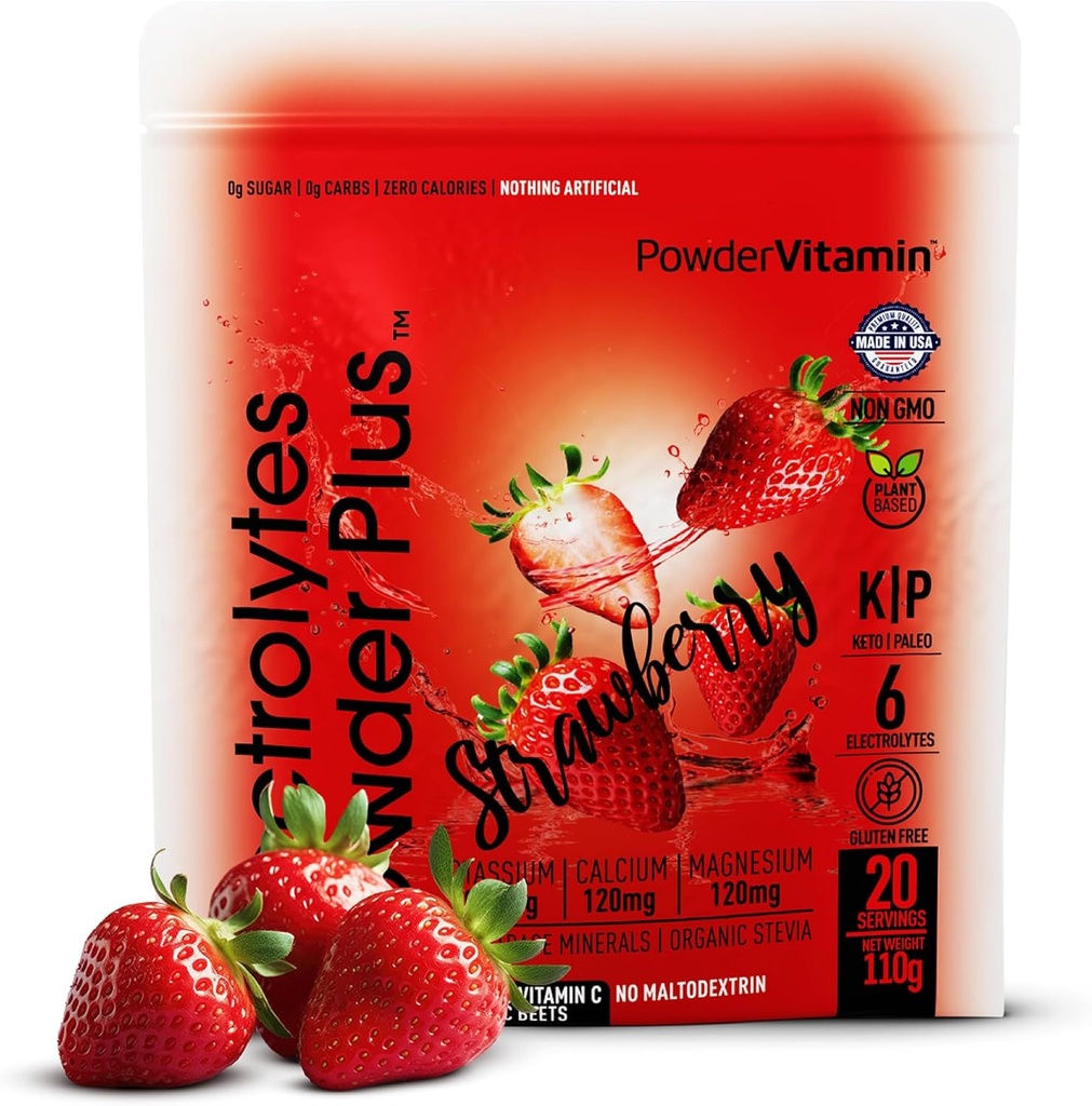 PowderVitamin Electrolytes Powder Plus (20 Servings) Strawberry Electrolyte Powder, No Maltodextrin, Keto,Sugar Free,Pink Himalayan Salt,1000mg Potassium,120mg Calcium,120mg Magnesium,Hydration Powder