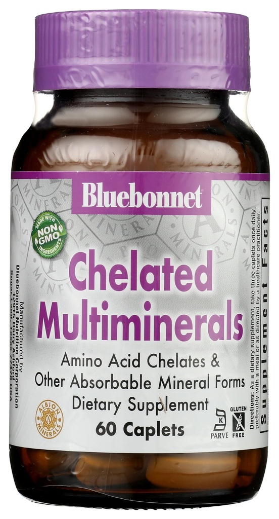 Bluebonnet Nutrition Multiminéraux chélatés de haute puissance, minéraux chélatés d'Albion, sans soja, sans gluten, non-OGM, certifié Casher, sans laiterie, 60 capsules, 20 portions