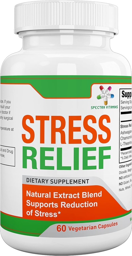 Spectra Vitamines anti-stress pour adultes, supplément de stress naturel avec Ashwagandha et formule à base de plantes, supplément de focus et d'énergie pour se détendre et se calmer, 60 capsules