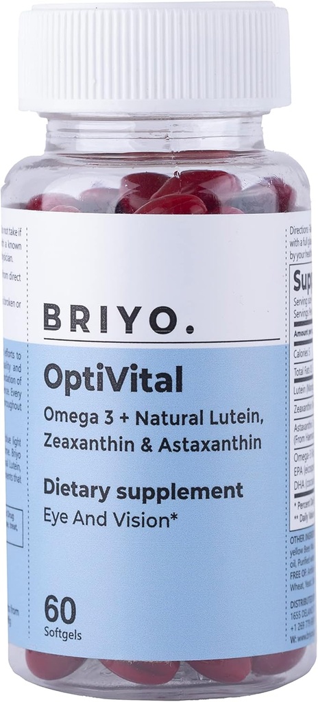 Briyo Optivital Eye Health Supplement avec Lutein, Zeaxanthin, Astaxanthin et Omega 3 – Soutient la clarté visuelle, le soulagement de la fatigue d'écran et la santé rétinienne à long terme – Un par jour, 60 Softgels