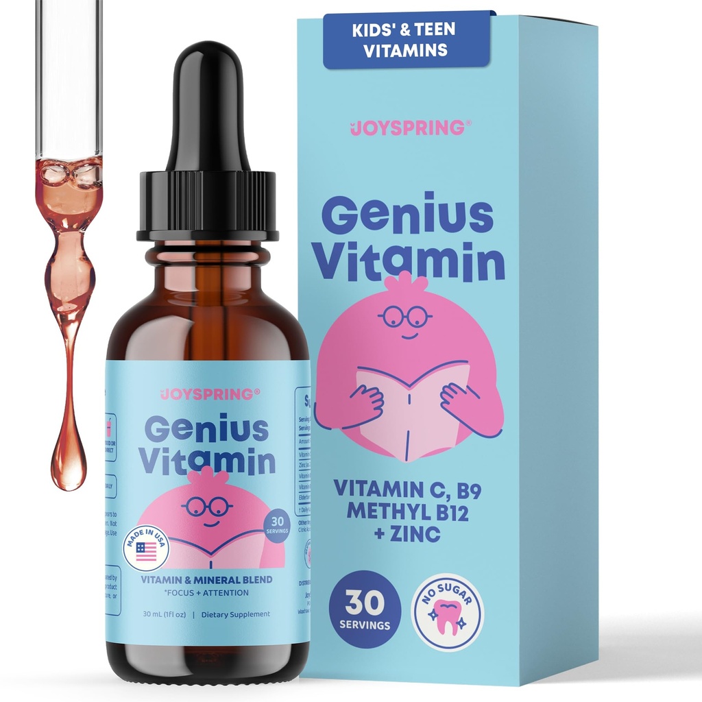 Complexe JoySpring Kids B de la vitamine B avec des gouttes liquides complexes de la baie d'eau, du zinc et de la vitamine C de soutien pour le bien-être général (1 fl oz) 30 portions