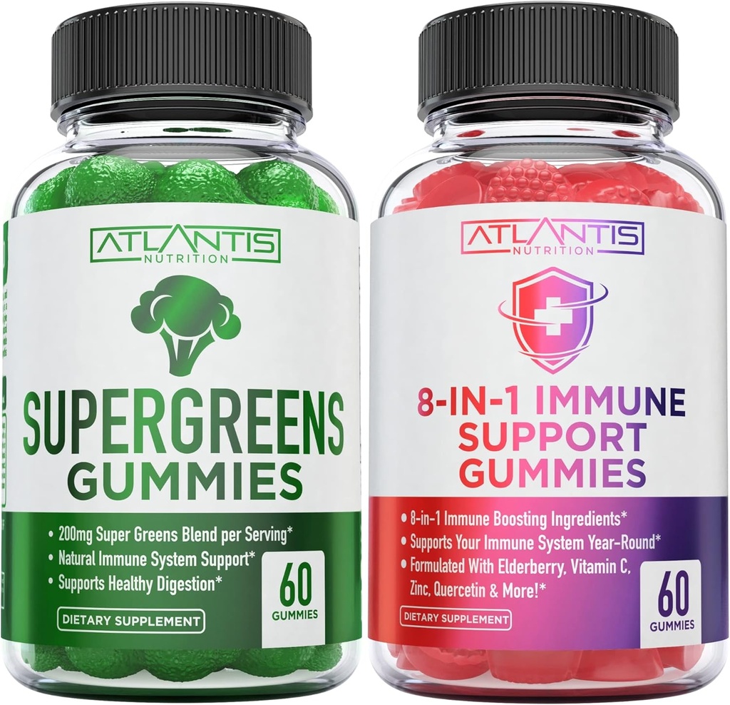 Atlantis Nutrition 60 Supergreens Gummies + 8-en-1 Immune Support 60 Gummies