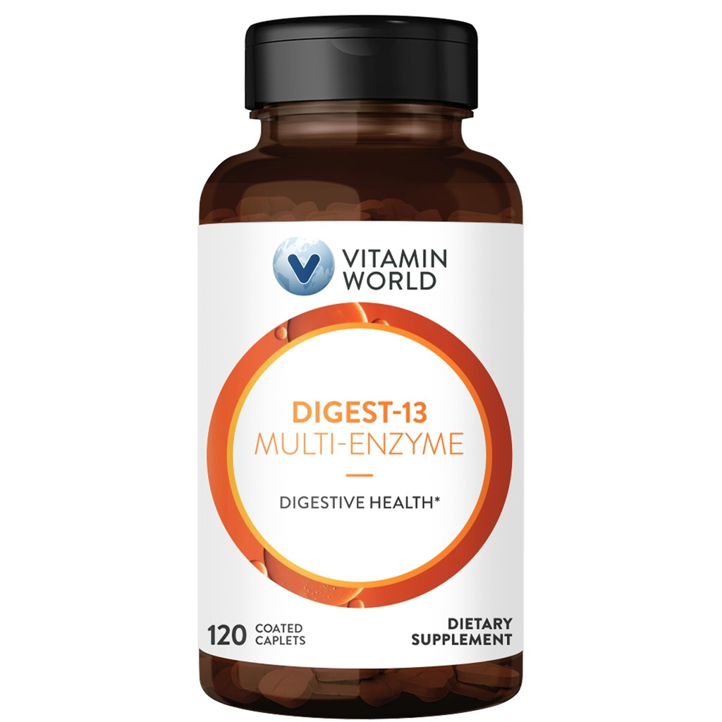 Vitamine World Digest-13 Multi-enzyme, 1010mg Mélange d'enzymes digestives avec Amylase, Bromelain, Papain & Lipase pour la digestion et l'absorption, Enzymes digestives pour la Bloating & Gas, 120 Caplets