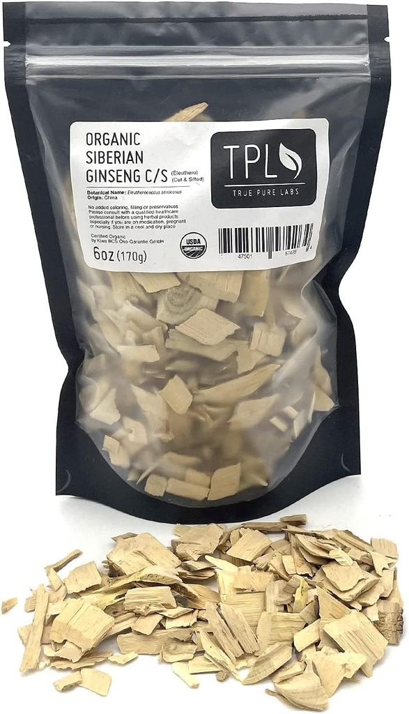 TPL Bio Sibérie Ginseng Eleuthero Racine séchée C/S 6Oz Qualité Premium. Certifié biologique. Sans gluten, sans OGM et végétalien