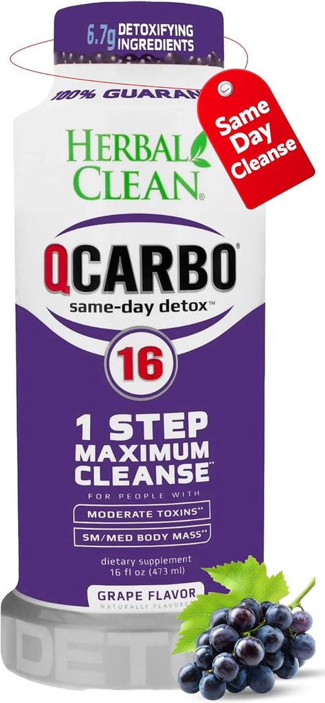 Herbal Clean Qcarbo16 Same-Day Detox Cleanse Drink (16 fl oz) - Grape Flavor Full Body Cleanse* Detox Drink for Modéré Texin Level*, Vitamine B2 et Vitamine B12 pour hommes et femmes