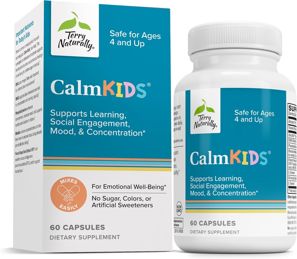 Terry Naturally Calm Kids - Supplément d'enfant calme - Santé cérébrale pour la concentration, la mémoire - Supplément d'attention pour les enfants - Soutenir l'apprentissage et la concentration - 60 capsules