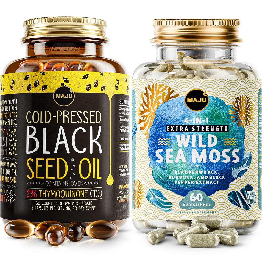 Maju Superfoods 4-en-1 Sea Moss Capsules and Black Seed Oil Capsules Bundle