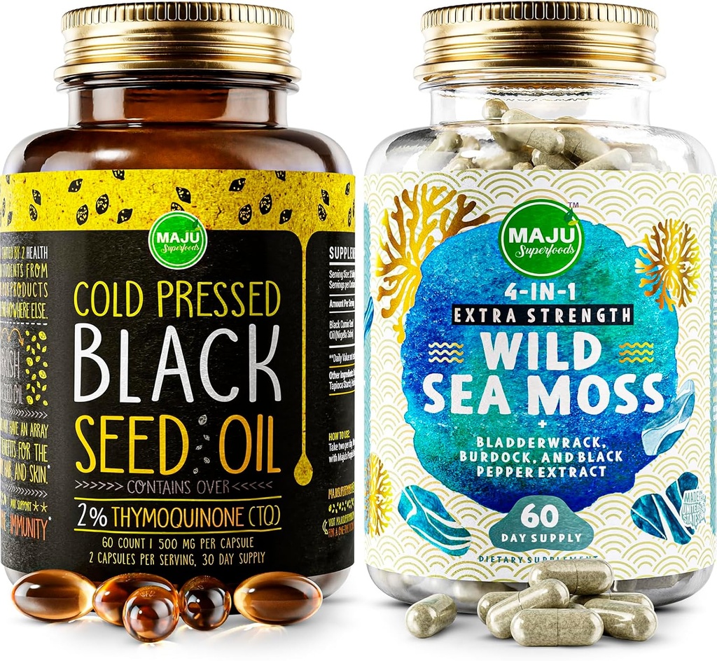 Maju Superfoods 4-en-1 Sea Moss Capsules and Black Seed Oil Capsules Bundle