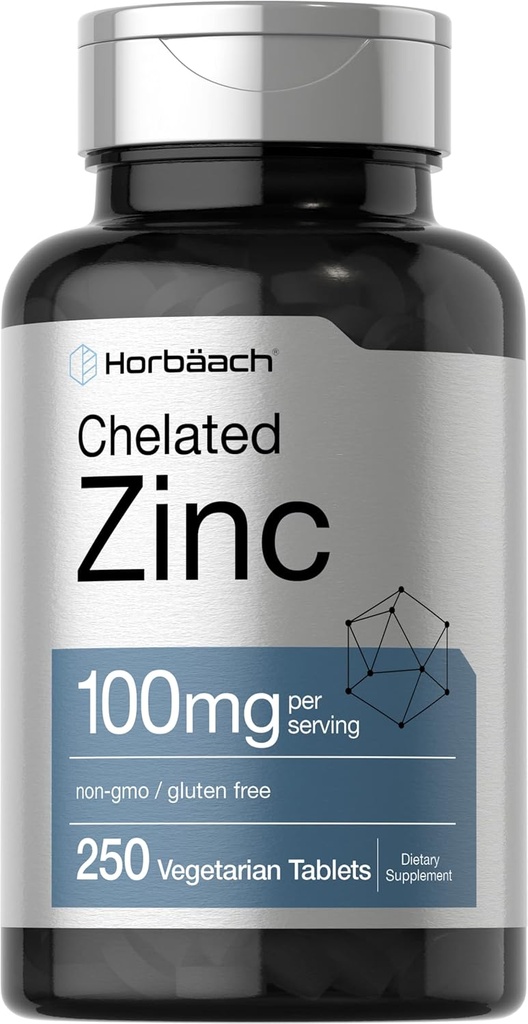 Horbäach supplément de zinc chélaté 100mg , 250 comprimés , haute puissance et absorption supérieure , Végétarien, non-OGM, sans gluten