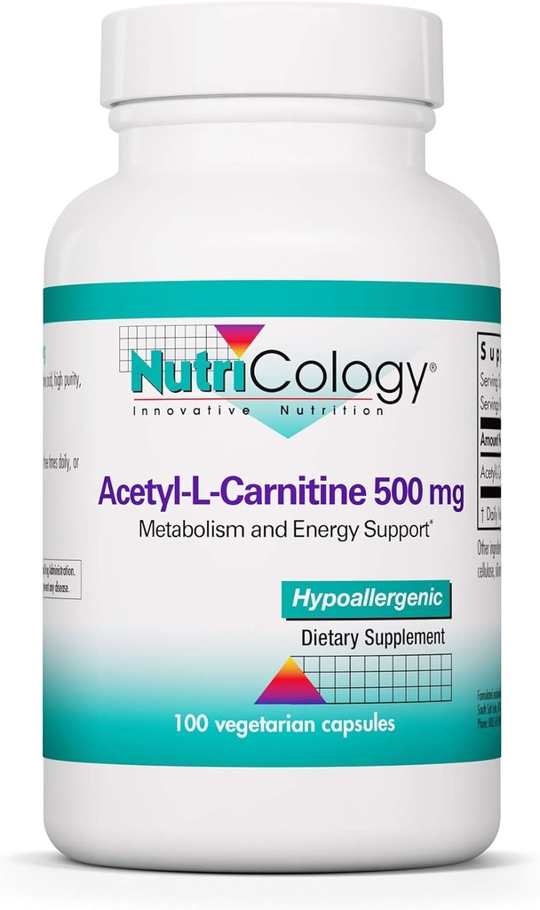 Nutricologie Supplément acétyl-L-Carnitine 500mg - Métabolisme et soutien énergétique, ALC, acide aminé libre, capsules végétariennes - 100 Compte