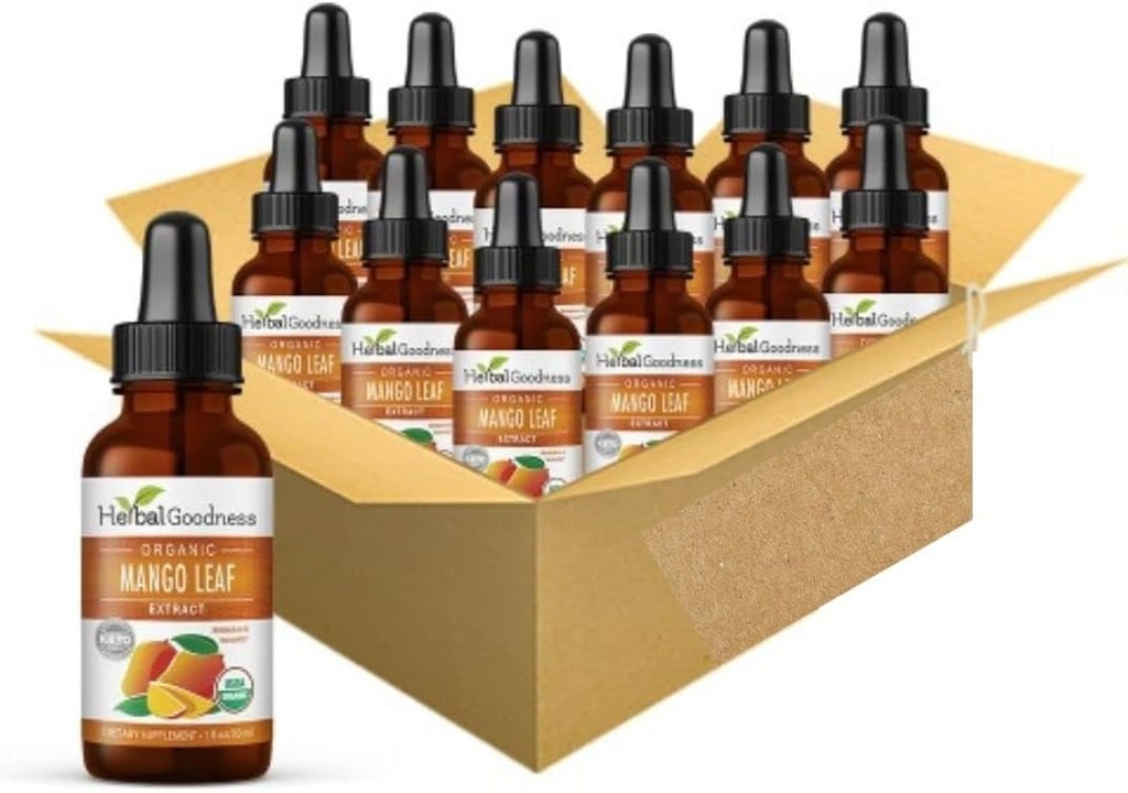 Herbal Goodness Feuilles de mangue Extrait biologique - Mangifera Indica - Métabolisme, Gut, Immunité, Soutien digestif, Mieux-être général - 12(1oz) btls - Kosher - Fabriqué aux États-Unis