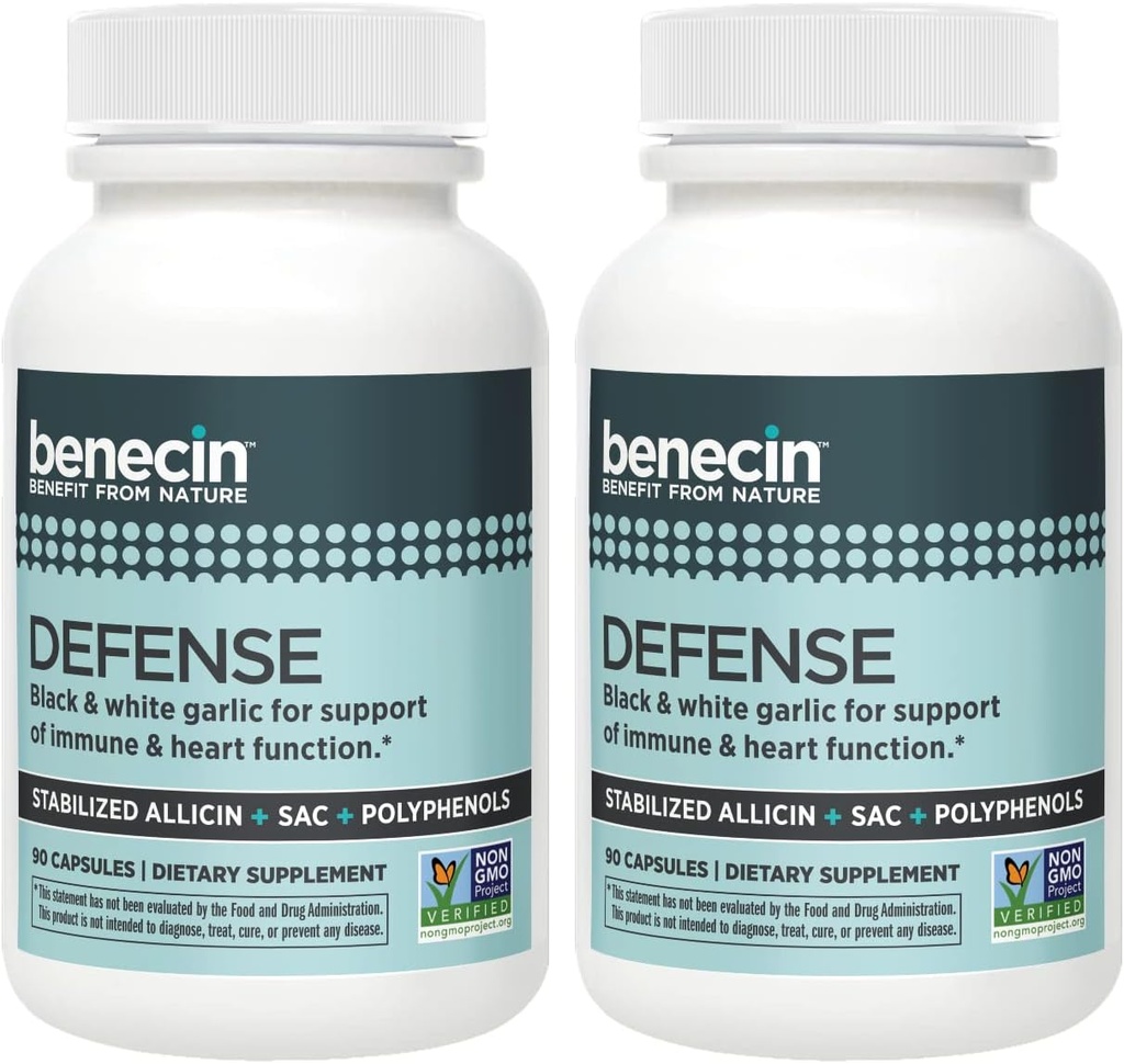 Benecin Defense 1500 mcg Stabilized Allicin per Capsule | Plus high Amounts of SAC & Polyphenols from Black Garlic | Powerful Support of Immune & Heart Function Vegetarian Caps (1 Count (Pack of 180))