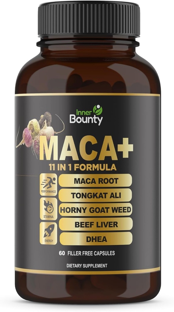 Booster d'énergie 11-en-1 et supplément de performance avec racine de maca biologique, Tongkat Ali, herbe de chèvre Horny, Ginseng, Tribulus Terrestris et foie de boeuf pour les hommes et les femmes - 60 capsules sans remplissage