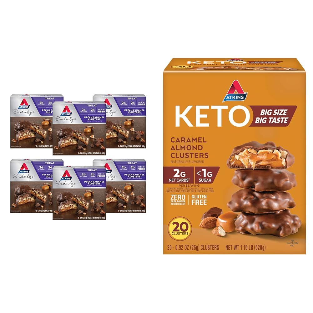 Atkins Pecan Caramel & Caramel Amandes Clusters, 60 & 20 comte, haute fibre, faible sucre, faible glucides