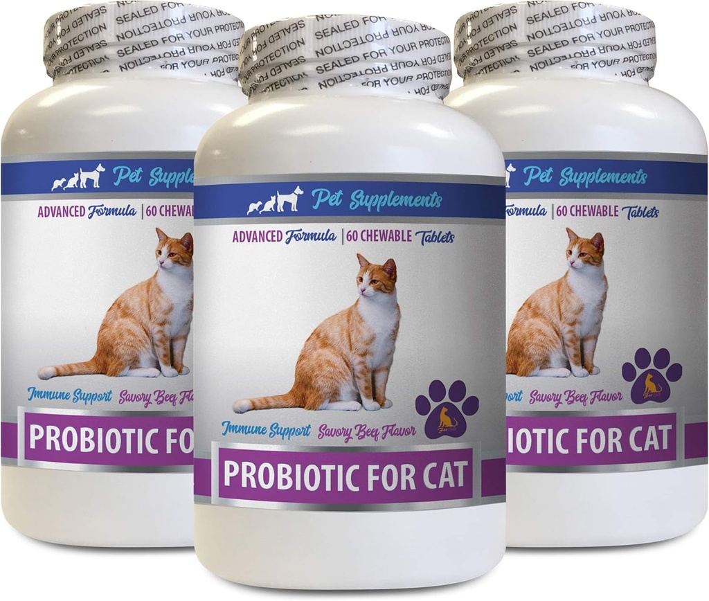 Menthes pour mauvais souffle - CAT PROBIOTICS - Immune Support - Savory Beef Flavor - Formule naturelle - probiotiques de chat tous les jours - 3 bouteilles (180 gâteries)
