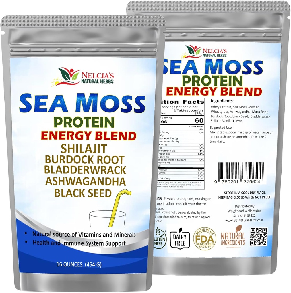 NELCIA'S NATURAL HERBES Sea Moss Ashwagandha Protéines Poudre -Natural Irish Sea Moss, Bladderwrack et Burdock Root, Black Seed et Shilajit Poudre (16oz)