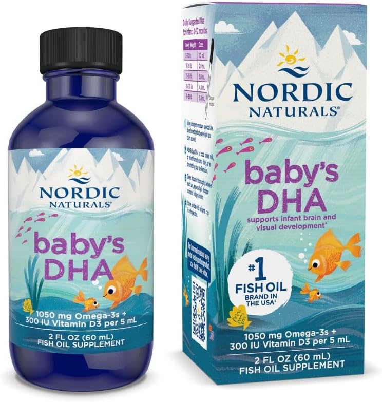 Nordic Naturals Babys DHA, non aromatisé - 2 oz - 1050 mg Oméga-3 + 300 UI Vitamine D3 - soutient le développement du cerveau, de la vision et du système nerveux chez les bébés - non-OGM - portions mai Vary