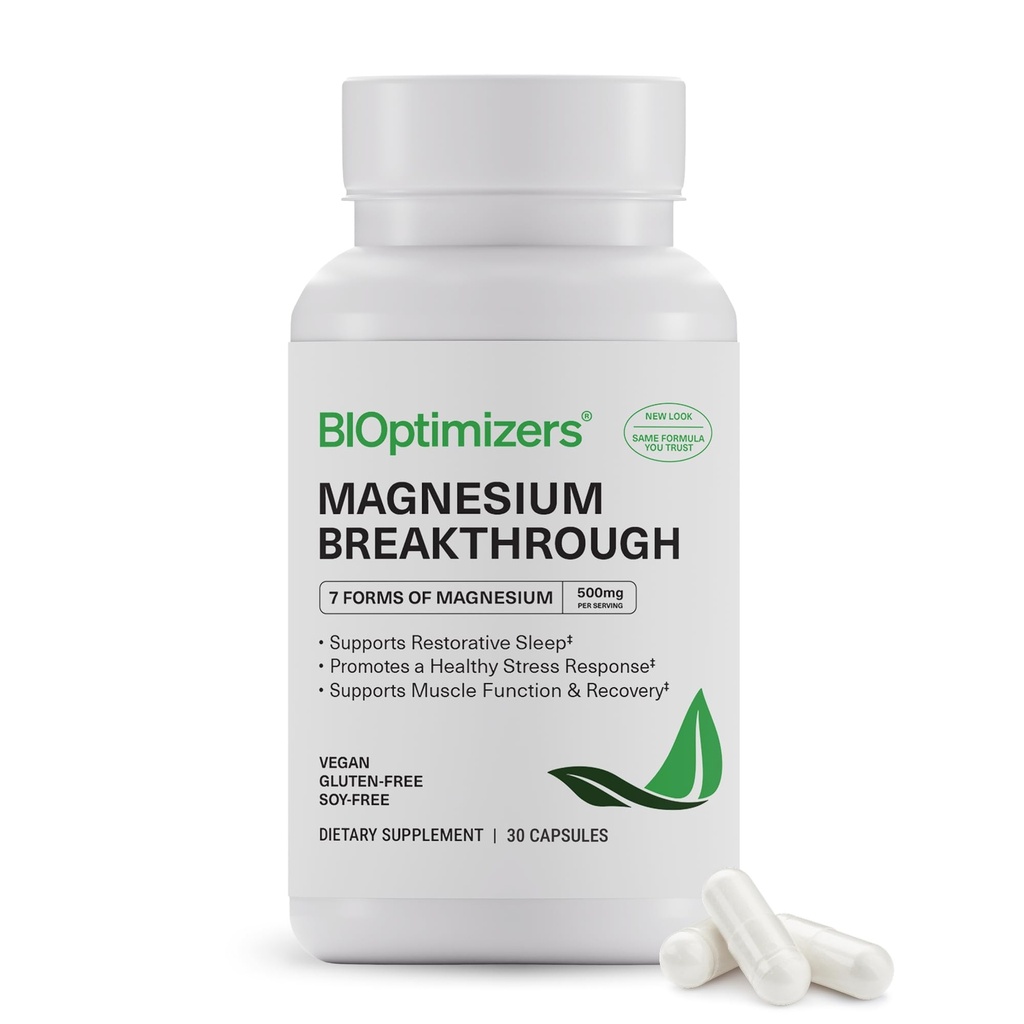 BIOptimizers Supplément complexe de rupture de magnésium avec 7 formes de Mg: Glycinat, Malate, Citrate, et plus - Soutien naturel pour le sommeil et la fonction cognitive - 30 capsules- Vitamines calmantes