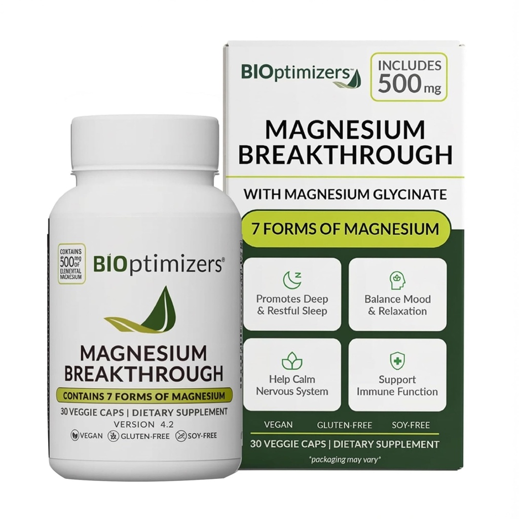 BIOptimizers Supplément complexe de rupture de magnésium avec 7 formes de Mg: Glycinat, Malate, Citrate, et plus - Soutien naturel pour le sommeil et la fonction cognitive - 30 capsules- Vitamines calmantes