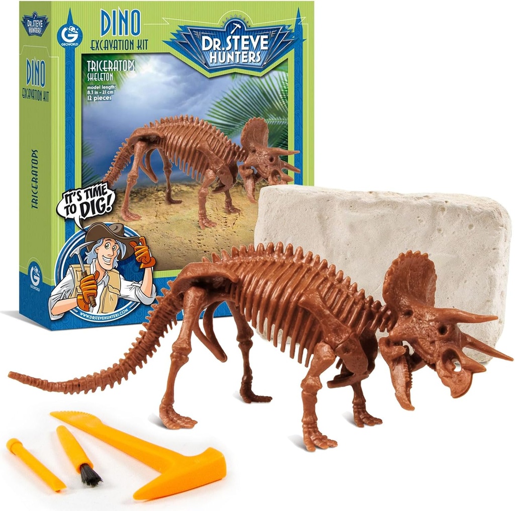 Geoworld Triceratops Dino Dig Kit – Assemblez un modèle authentique de squelette dinosaure de 8 pouces – Expérience d'apprentissage STEM ultime pour les enfants de 6 ans et plus
