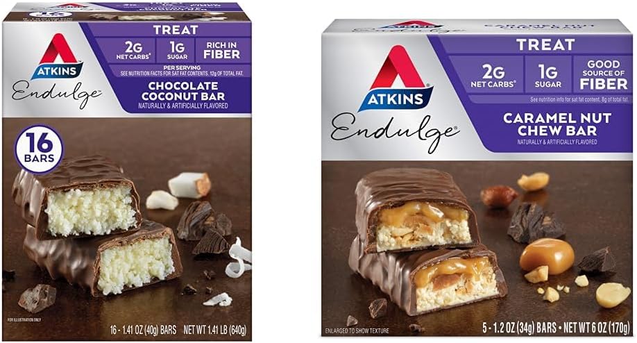 Atkins Endulge Chocolat Coconut Bar 16 Count & Caramel Nut Chew Bar 5 Count Bundle