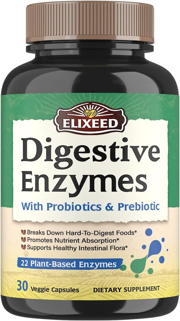 Digestive Enzymes Plus Probiotics & Prebiotics, 22 Digestive Enzymes with Amylase, Protease, Lactase & More, Maximum Strength, for Healthy Digestion, Vegan, Non-GMO, 30 Caps
