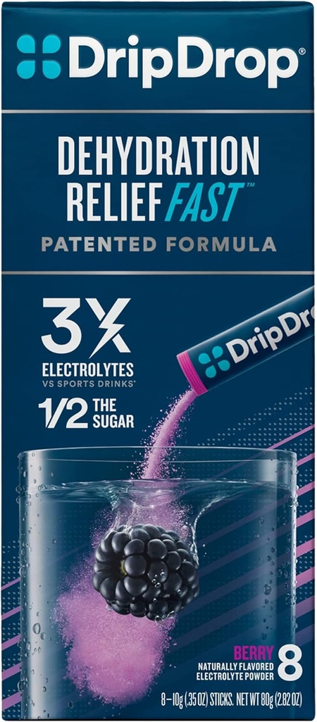 DripDrop ORS Electrolyte Hydration Powder Sticks, Berry, 10g Sticks, 8 Count