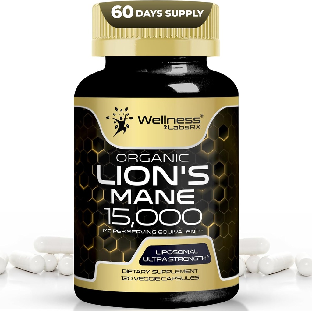 Lions Mane Supplément Capsules - 120 Compte - Supplément de Champignons, Suppléments Cerveau pour Mémoire et Focus, Lions Mane Champignon Capsules Organiques - Soutien Cognitif et Immune, Focus Supplément