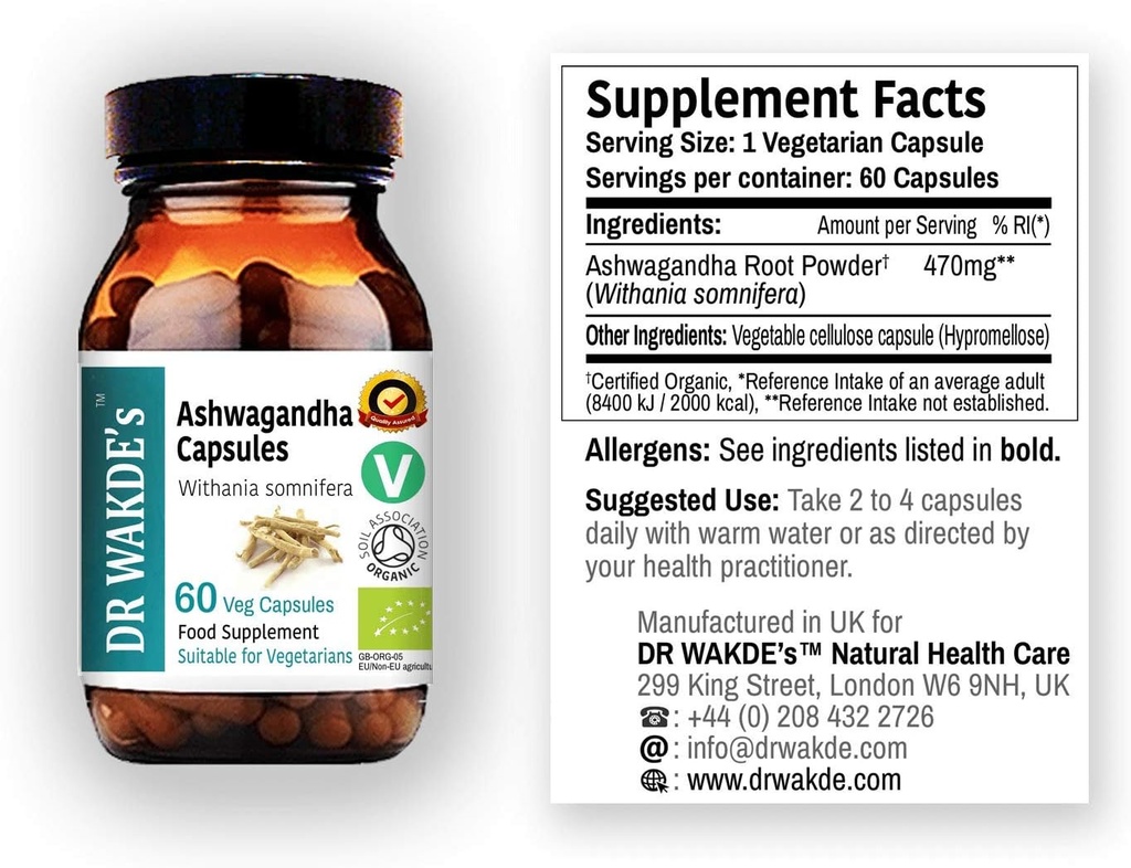 DR WAKDE'S Ashwagandha Capsules (Ginseng indien, Withania somnifera, 60 capsules de légumes, supplément à base de plantes, plante ayurvédique, tout naturel, végétalien)