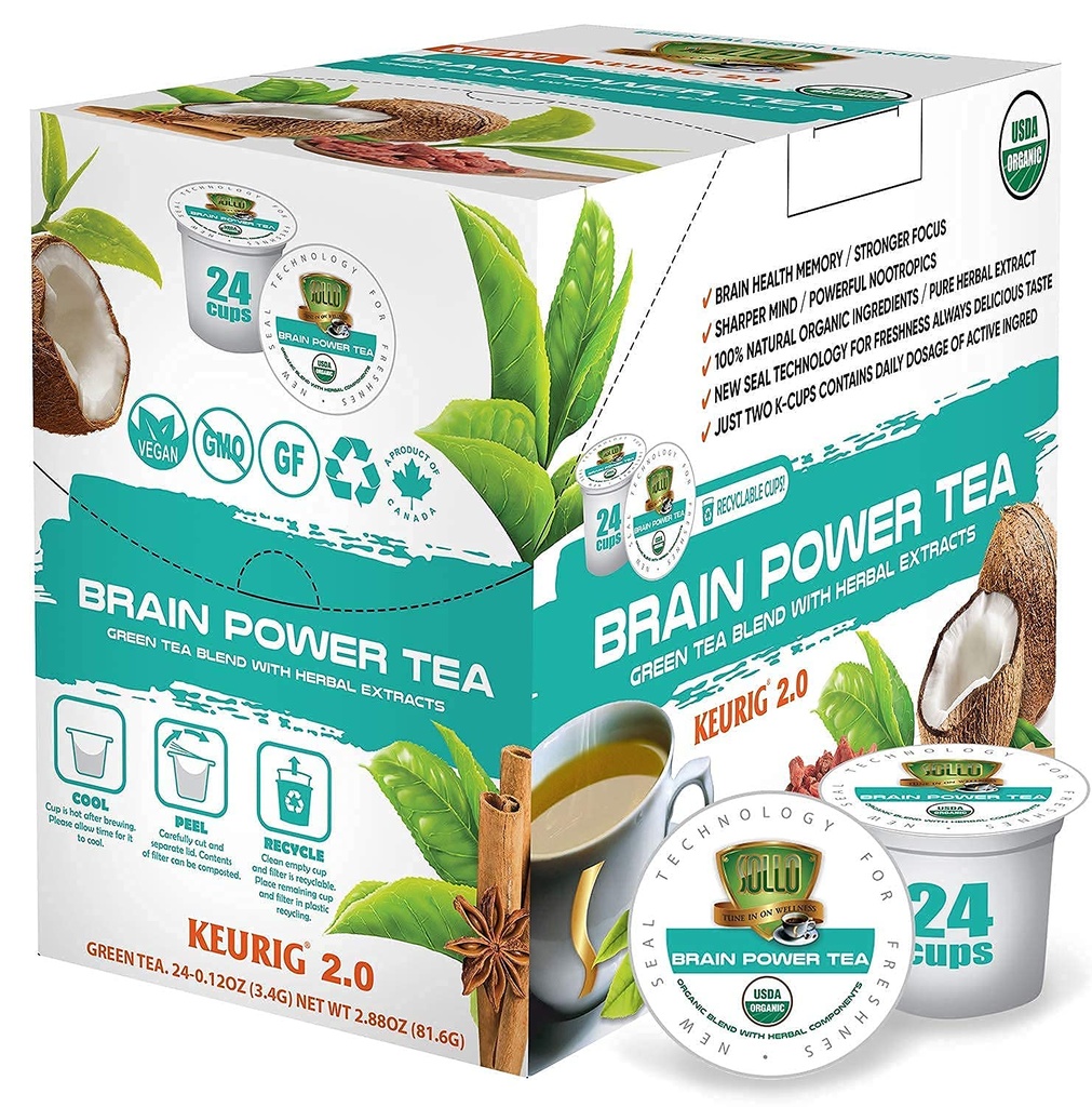 Sollo Cerveau Puissance Bio de Thé Vert avec MCT, Acai & Alimentation Essentielle, Nootropic Cerveau Booster- Améliore Mémoire et Focus Compatible avec 2.0 K-Cup Keurig Brewers, 24 Ct
