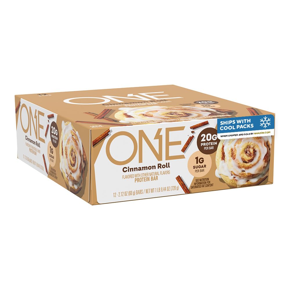 ONE Barres de protéines, rouleau de cannelle, sans gluten avec 20g de protéines et 1g de sucre, agrafes de Pantry, 2,12 oz (12 compte), emballage mai Vary