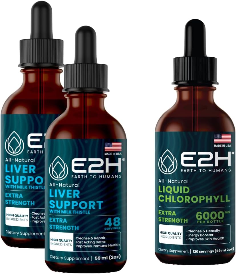E2H: Supplément de soutien du foie (2 Pack - 4 Fl Oz) et gouttes liquides de chlorophylle (Bouteille unique - 2 Fl Oz)