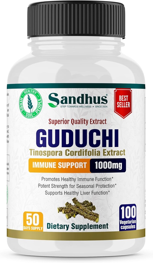 Sandhu's Guduchi (Tinospora Cordifolia) Giloy 100 Vegetarian Capsules Immune Support 1000mg per Serving