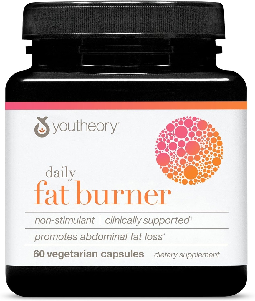 Youtheory Daily Fat Burner - Soutient la composition corporelle et le métabolisme - avec mélange de fruits d'agrumes, Chrome et Cayenne Extrait - sans gluten, soja et lait - 60 capsules végétariennes