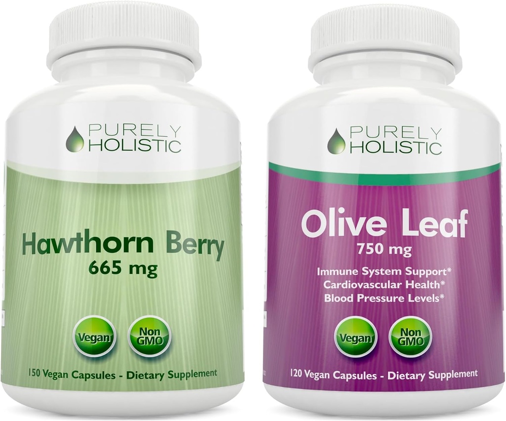 Berry Hawthorn purement holistique 665mg + Extrait de feuille d'olive 750mg Bundle + 270 Capsules Vegan - Fabriqué aux États-Unis