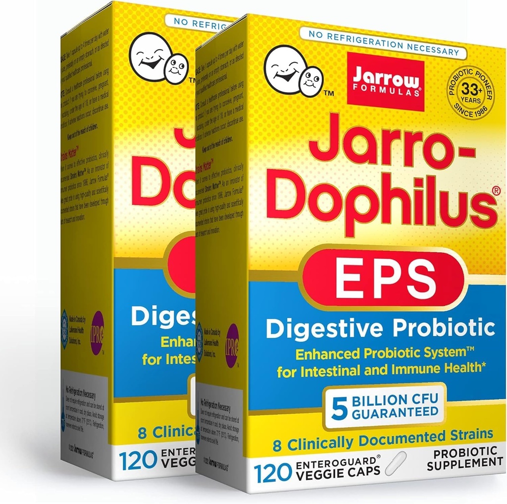 Formules de Jarrow Jarro-Dophilus EPS - 5 milliards d'organismes par portion - 120 capsules végétatives enrobées d'entérique, probiotique multiforme - Santé intestinale et immunitaire, 120 Nombre (paquet de 2)