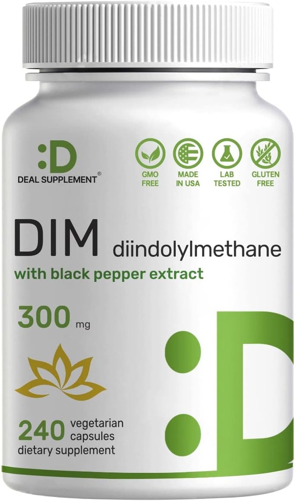 Supplément DIM 300 mg, 240 capsules, 4 mois d'approvisionnement en oxyde d'azote pour les hommes et les femmes Extrait de poivre noir pour une absorption accrue