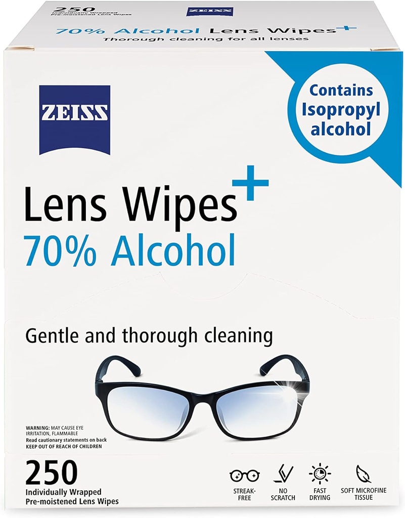 ZEISS Pre-Moistened Lens Cleaning Wipes with 70% Alcohol, 250 Count