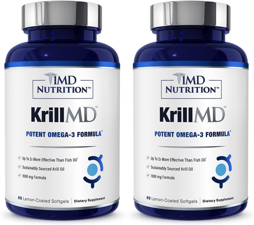 1MD Nutrition KrillMD - Antarctic Krill Oil Omega 3 Supplement with Astaxanthin, EPA, DHA | 2X More Effective Than Fish Oil | 60 Softgels (2-Pack)