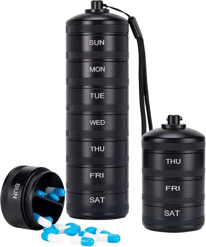 XHT Premium Organisateur hebdomadaire de pilules métalliques 7 jours 2 fois par jour – Imperméable AM PM Organisateur de pilules Cas de voyage, support de pilules lourdes et boîte à pilules pour la médecine, les vitamines, l'huile de poisson et les suppléments